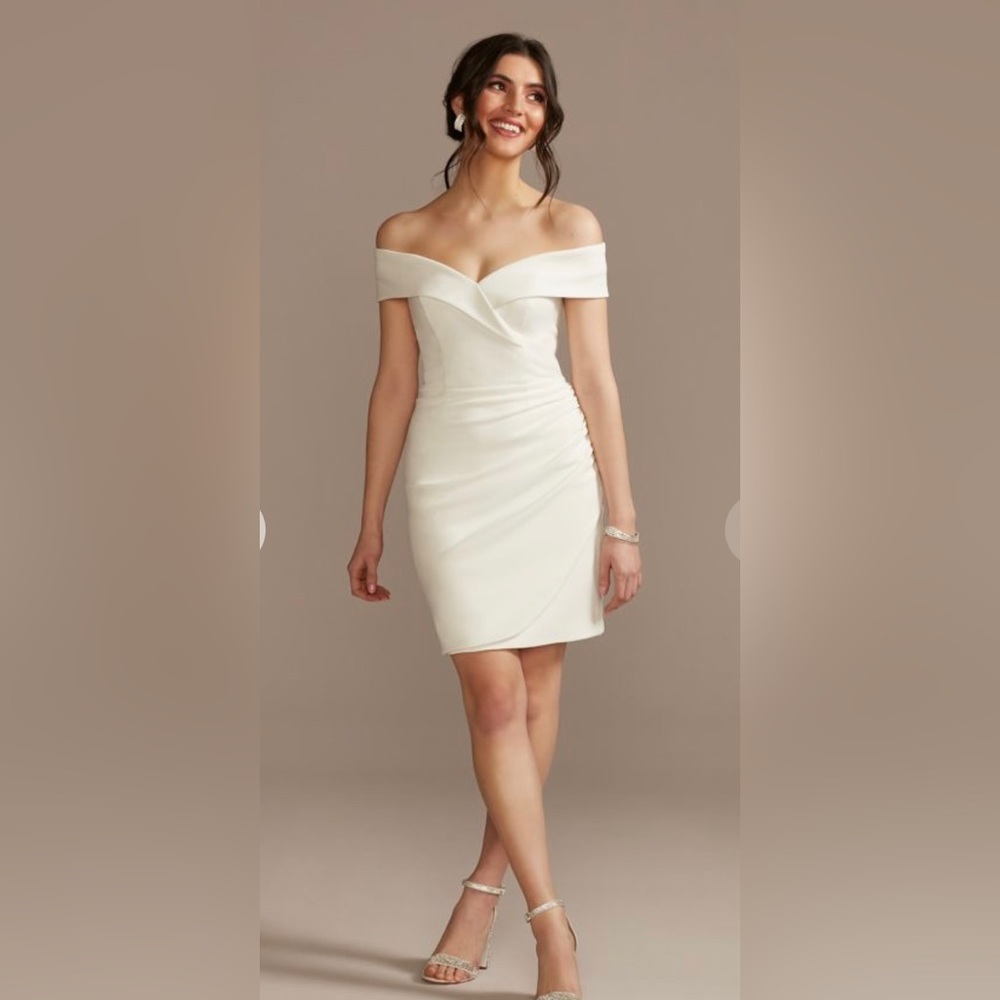 Davids Bridal STUDIO
short off shoulder cuff neckline crepe dress